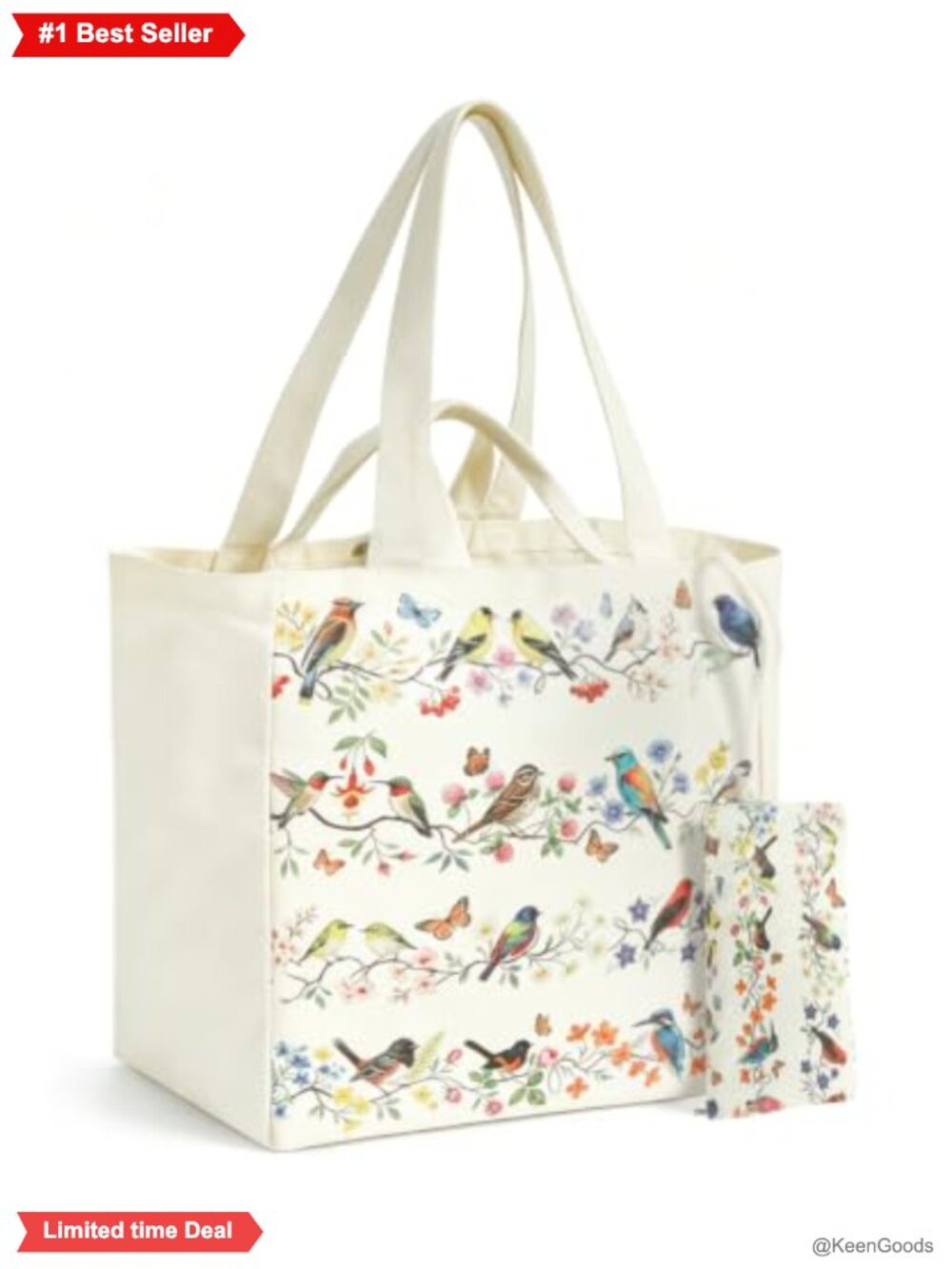 Canvas Tote Bag 8 Pocket Rigid Base & Pouch Floral Vintage Heavy Duty